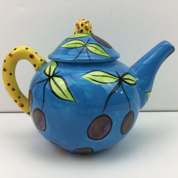 Renardi Cherry Print Espirt Designed By Pakita Ferrer Blue Teapot - Picture 3 of 12